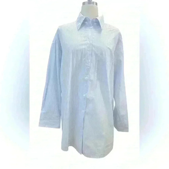 H&M men’s button-down long sleeve shirt; baby blue and white stripes - Picture 4 of 8